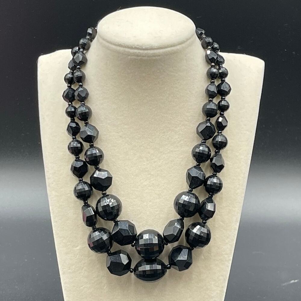 Multi Strand Germany Plastic Faceted Black Bead Silver Tone 17" Necklace Vtg